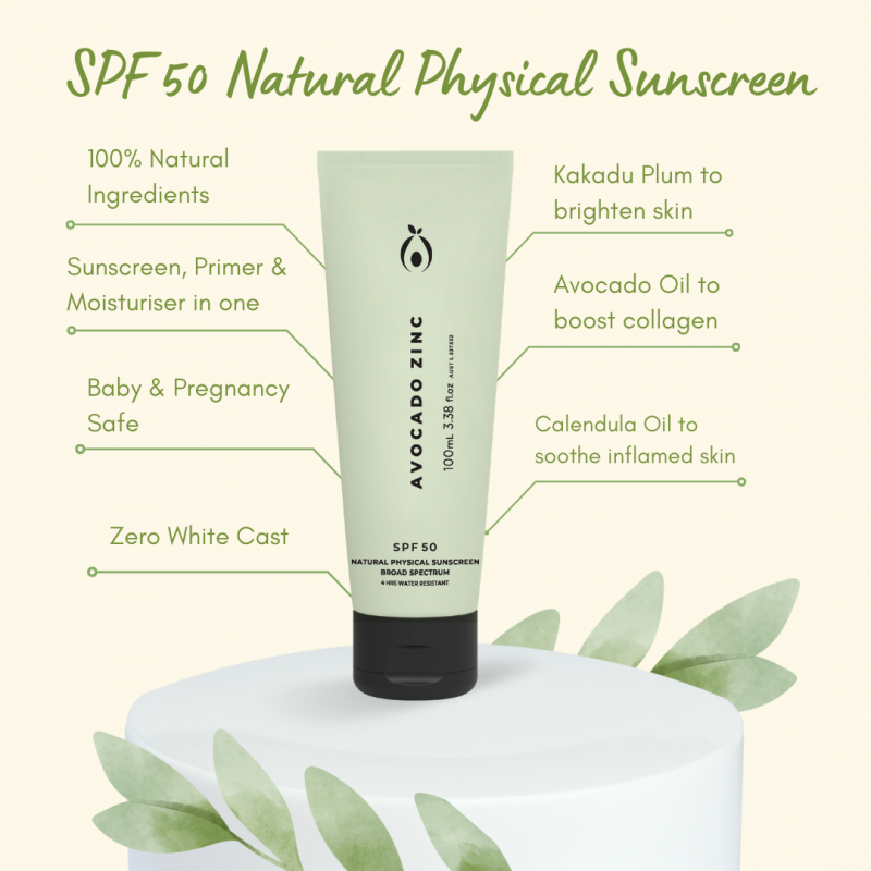 Avocado Zinc SPF 50 Natural Physical Sunscreen features