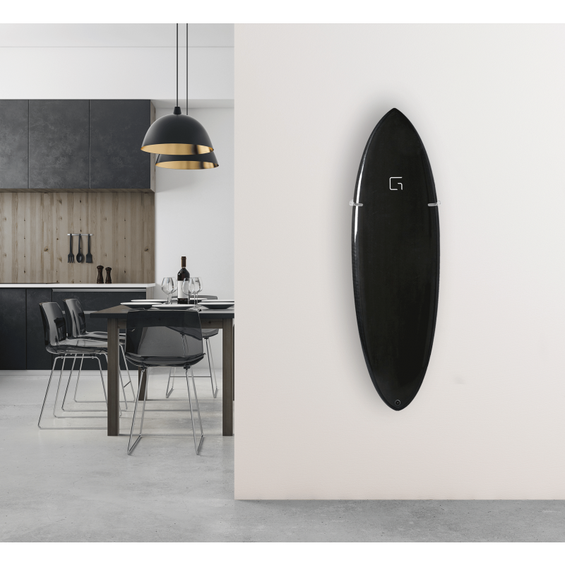 Ghost Racks Vertical Surfboard Adjustable Wall Display Rack holding a black single fin surfboard