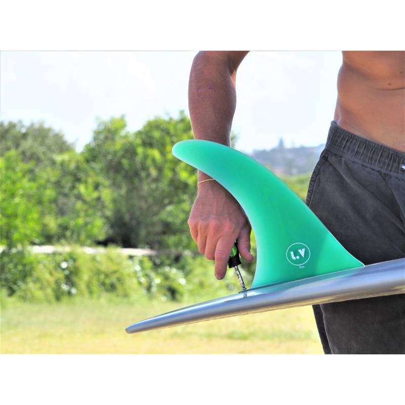 LVfins LB Classic Raked 8" Single Fin - Green on surfboard