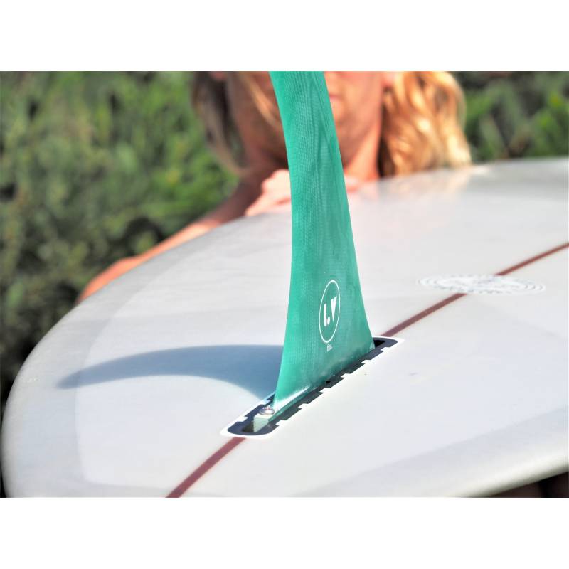 LVfins LB Classic Raked 9" Single Fin - Green on surfboard