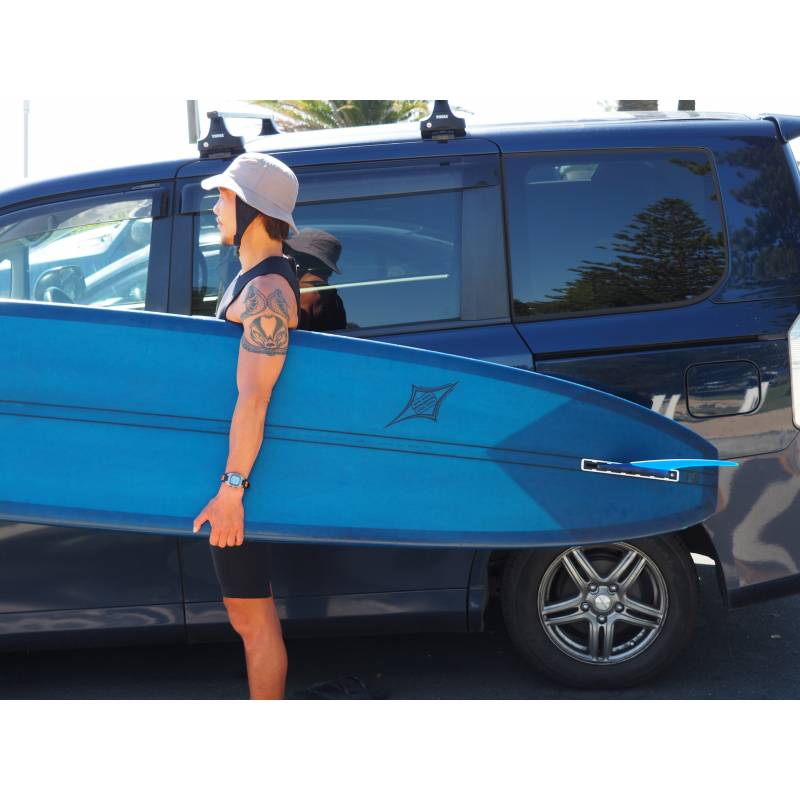 LV Fins LB Classic Raked 10" Single Fin - Translucent Blue on surfboard