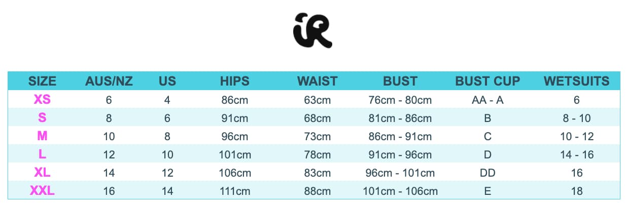 Inner Relm Size Chart - Womens swimwear & wetsuits