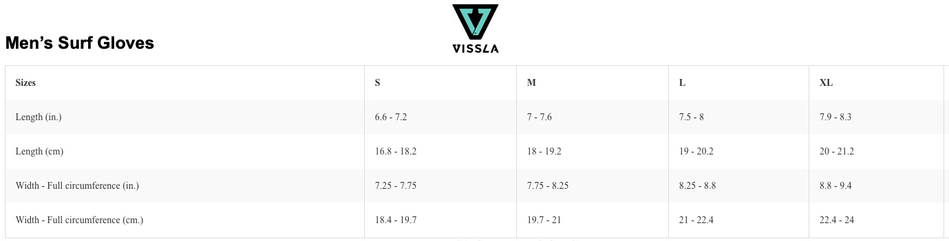 Vissla Men's Surf Glove Size Chart