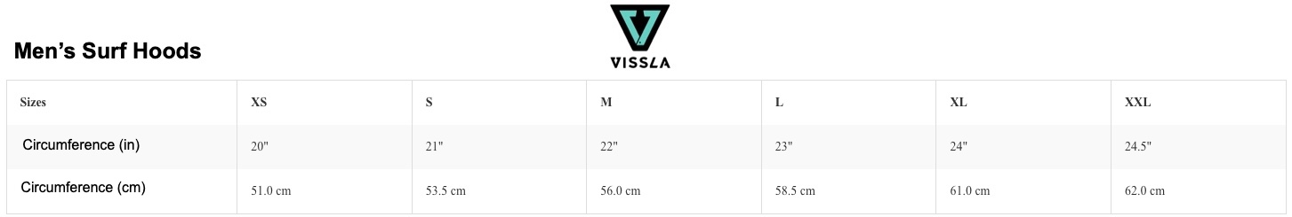 Vissla Men's Surf Hood Size Chart