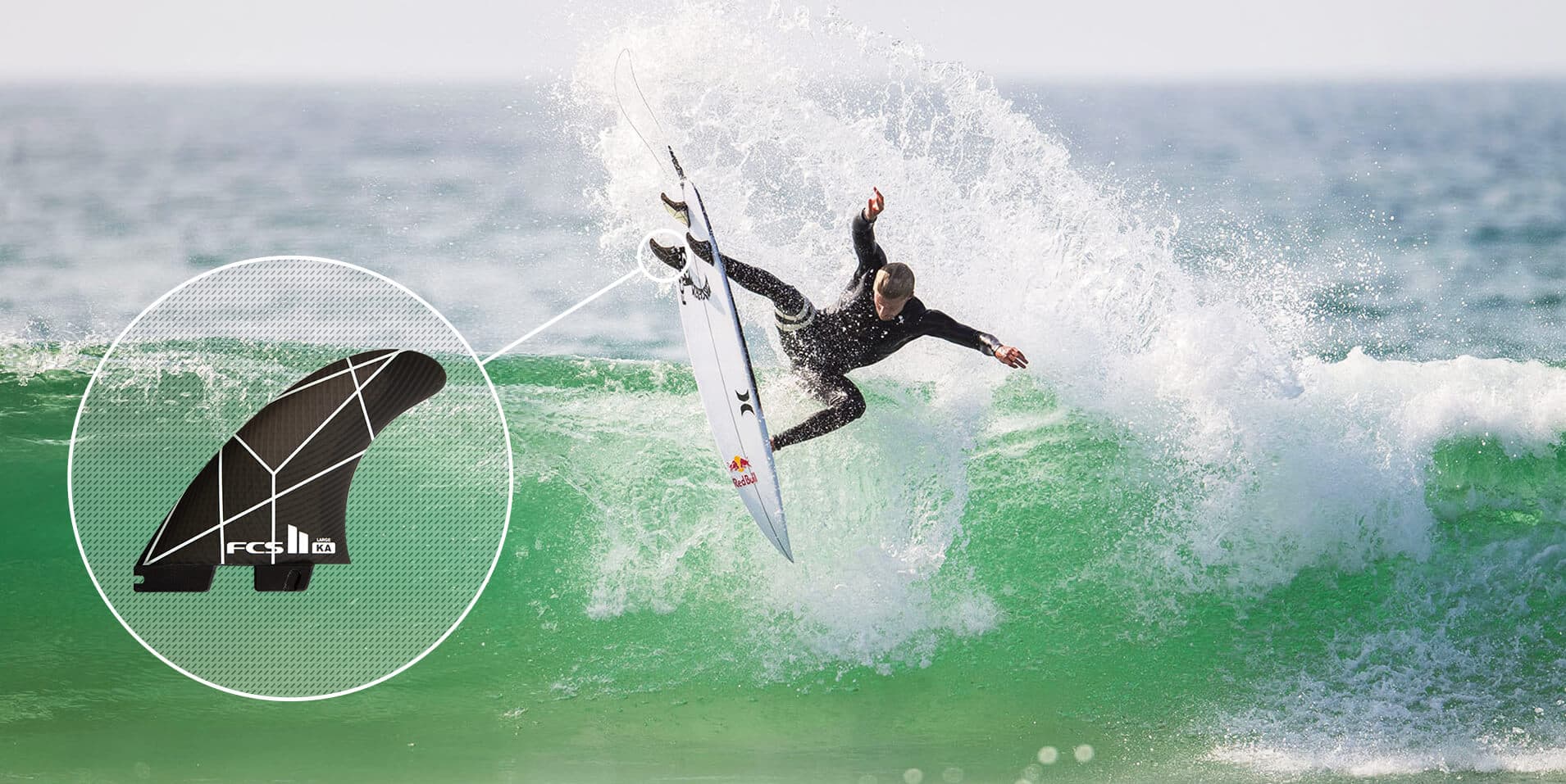 Kolohe Andino getting air with signature fcs ii surfboard fins