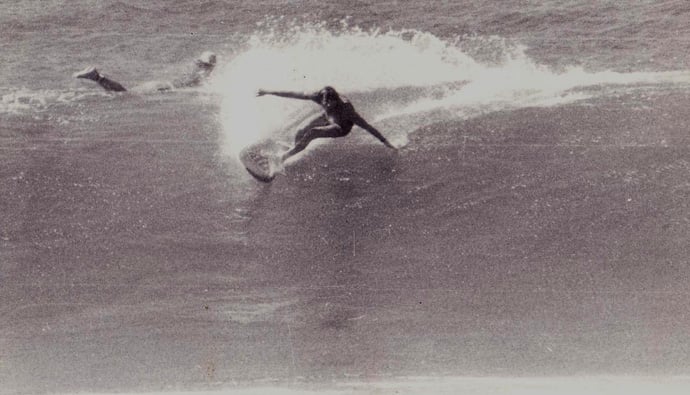 Mark Richards surfing his fish board